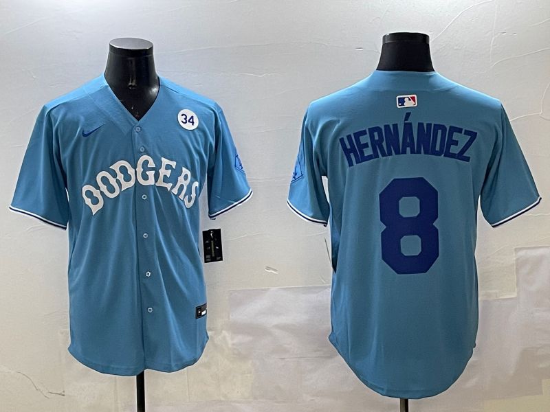 Men Los Angeles Dodgers 8 Hernandez Light Blue Throwback Game 2025 Nike MLB Jersey style 19